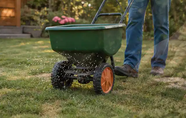 Person verteilt Rasensamen mit einem Streuwagen auf einer lückigen Fläche; Thema Worx Landroid, Schwerpunkt Reinigung; Kontrolle.