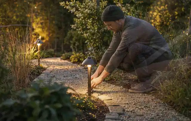 Person richtet eine niedrige warm leuchtende Gartenlampe am Kiesweg aus; Thema Worx Landroid, Schwerpunkt Reinigung; Ergebnis.