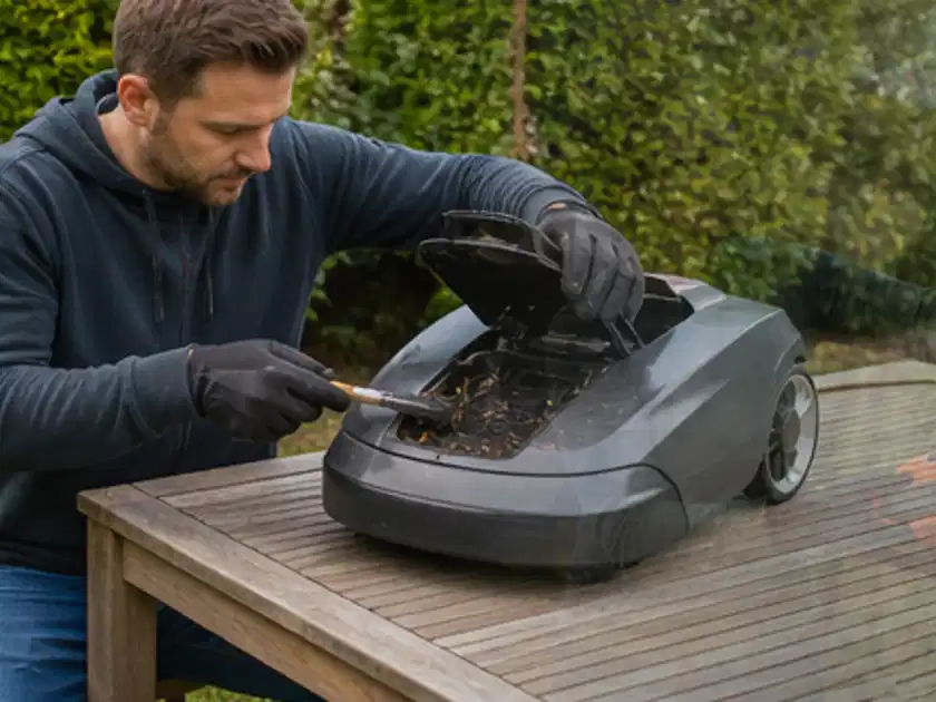 Person wartet einen geöffneten Mähroboter auf einem stabilen Gartentisch; Thema Worx Landroid, Schwerpunkt Sicherheit; Titelbild.