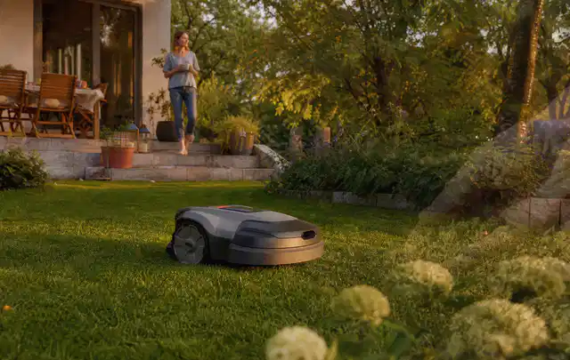 Mähroboter fährt am Abend über einen Rasen im Familiengarten; Thema Worx Landroid, Schwerpunkt Sicherheit; Umsetzung.