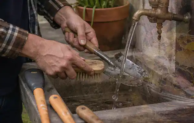 Hände reinigen gebrauchte Gartengeräte mit Bürste und Wasser am Außenbecken; Thema Worx Landroid, Schwerpunkt Sicherheit; Kontrolle.