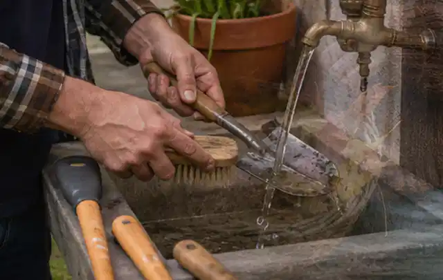 Hände reinigen gebrauchte Gartengeräte mit Bürste und Wasser am Außenbecken; Thema Worx Landroid, Schwerpunkt Systemvergleich; Kontrolle.