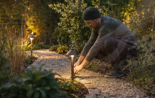 Person richtet eine niedrige warm leuchtende Gartenlampe am Kiesweg aus; Thema Worx Landroid, Schwerpunkt Vergleich; Praxisalltag.
