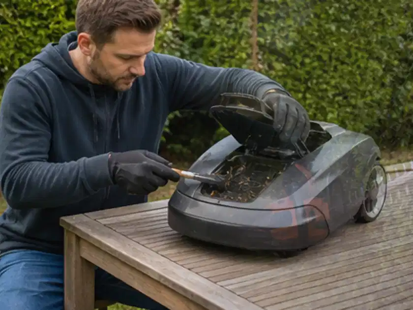 Person wartet einen geöffneten Mähroboter auf einem stabilen Gartentisch; Thema Worx Landroid, Schwerpunkt Wartung; Titelbild.
