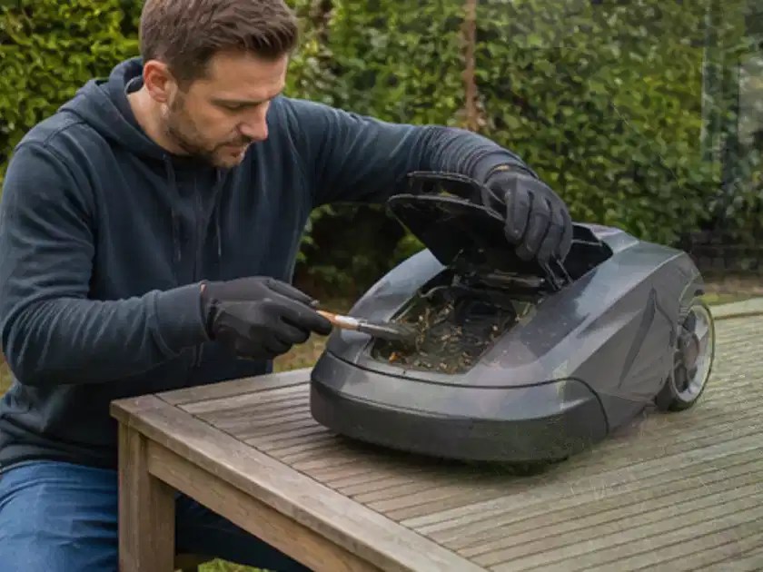 Person wartet einen geöffneten Mähroboter auf einem stabilen Gartentisch; Thema Worx Landroid, Schwerpunkt Winterlager; Titelbild.
