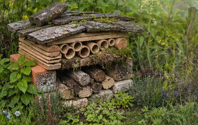 Naturnaher Unterschlupf aus Holz Rinde und Pflanzenstängeln im Garten; Thema WPC Sichtschutz, Schwerpunkt Aufbau; Ausgangslage.