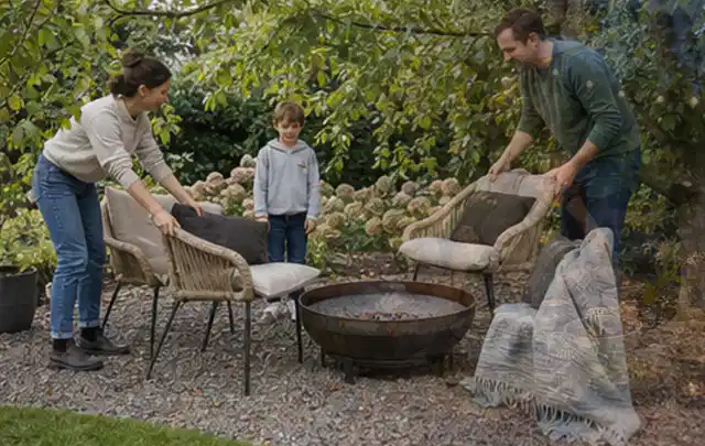 Familie stellt wetterfeste Sessel an einem geschützten Sitzplatz im Garten auf; Thema WPC Sichtschutz, Schwerpunkt Baurecht; Ausgangslage.