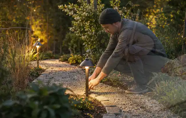 Person richtet eine niedrige warm leuchtende Gartenlampe am Kiesweg aus; Thema WPC Sichtschutz, Schwerpunkt Baurecht; Umsetzung.