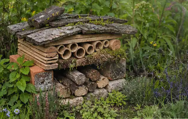 Naturnaher Unterschlupf aus Holz Rinde und Pflanzenstängeln im Garten; Thema WPC Sichtschutz, Schwerpunkt Baurecht; Kontrolle.