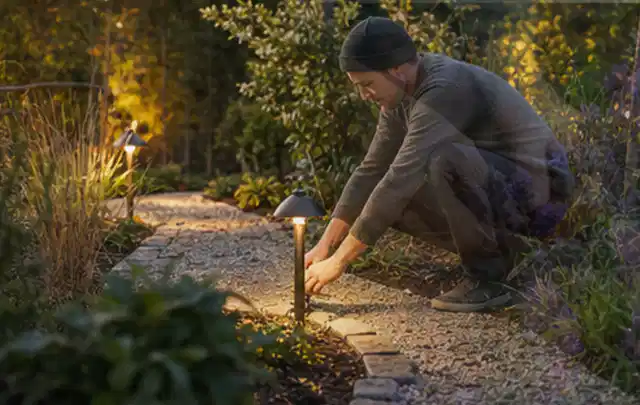 Person richtet eine niedrige warm leuchtende Gartenlampe am Kiesweg aus; Thema WPC Sichtschutz, Schwerpunkt Checkliste; Umsetzung.