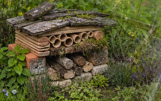 Naturnaher Unterschlupf aus Holz Rinde und Pflanzenstängeln im Garten; Thema WPC Sichtschutz, Schwerpunkt Checkliste; Kontrolle.