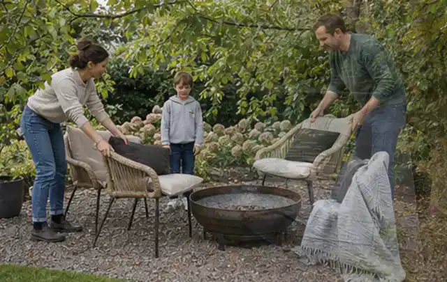 Familie stellt wetterfeste Sessel an einem geschützten Sitzplatz im Garten auf; Thema WPC Sichtschutz, Schwerpunkt Checkliste; Praxisalltag.