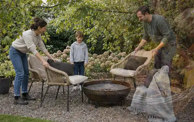 Familie stellt wetterfeste Sessel an einem geschützten Sitzplatz im Garten auf; Thema WPC Sichtschutz, Schwerpunkt Dimensionierung; Kontrolle.
