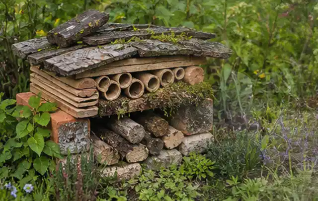 Naturnaher Unterschlupf aus Holz Rinde und Pflanzenstängeln im Garten; Thema WPC Sichtschutz, Schwerpunkt Dimensionierung; Ergebnis.