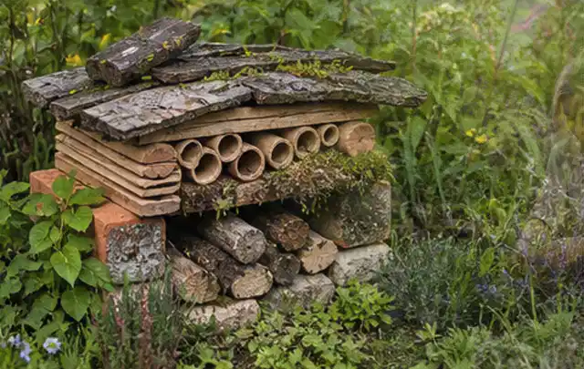 Naturnaher Unterschlupf aus Holz Rinde und Pflanzenstängeln im Garten; Thema WPC Sichtschutz, Schwerpunkt DIY; Umsetzung.