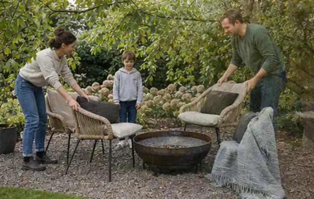 Familie stellt wetterfeste Sessel an einem geschützten Sitzplatz im Garten auf; Thema WPC Sichtschutz, Schwerpunkt DIY; Kontrolle.