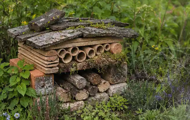 Naturnaher Unterschlupf aus Holz Rinde und Pflanzenstängeln im Garten; Thema WPC Sichtschutz, Schwerpunkt Fehlerhilfe; Kontrolle.