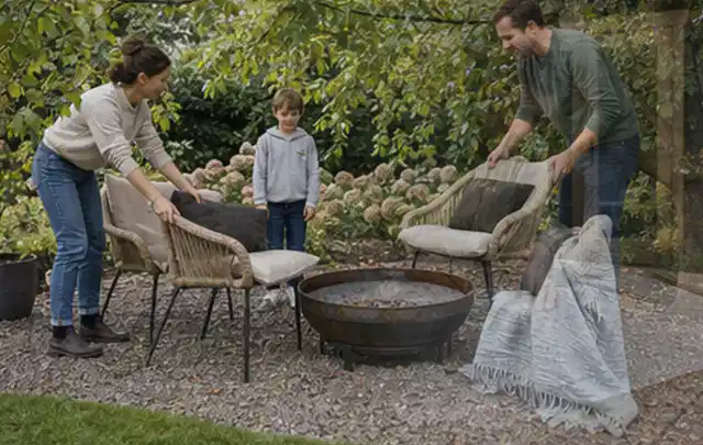 Familie stellt wetterfeste Sessel an einem geschützten Sitzplatz im Garten auf; Thema WPC Sichtschutz, Schwerpunkt Fundament; Ausgangslage.