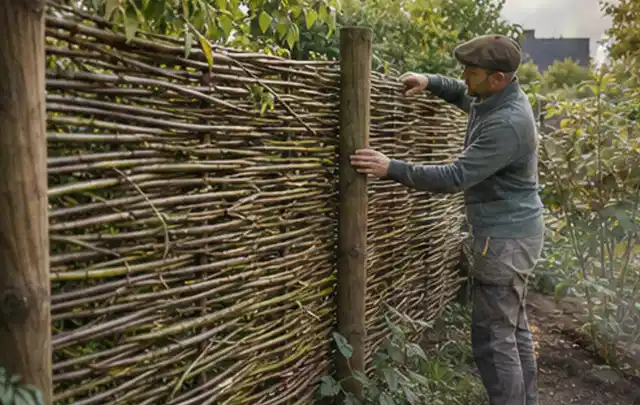 Person befestigt geflochtene Weidenruten an stabilen Holzpfosten im Garten; Thema WPC Sichtschutz, Schwerpunkt Fundament; Ergebnis.