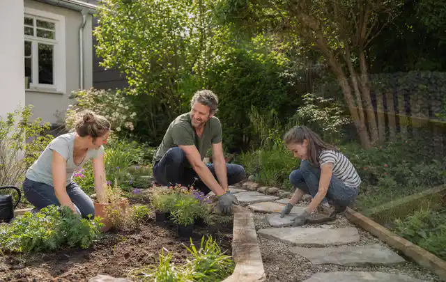 Familie geht auf einem Weg durch einen abwechslungsreich gestalteten Garten; Thema WPC Sichtschutz, Schwerpunkt Gärten mit kleiner Fläche; Kontrolle.