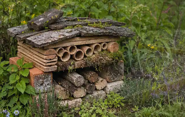 Naturnaher Unterschlupf aus Holz Rinde und Pflanzenstängeln im Garten; Thema WPC Sichtschutz, Schwerpunkt Kosten; Praxisalltag.