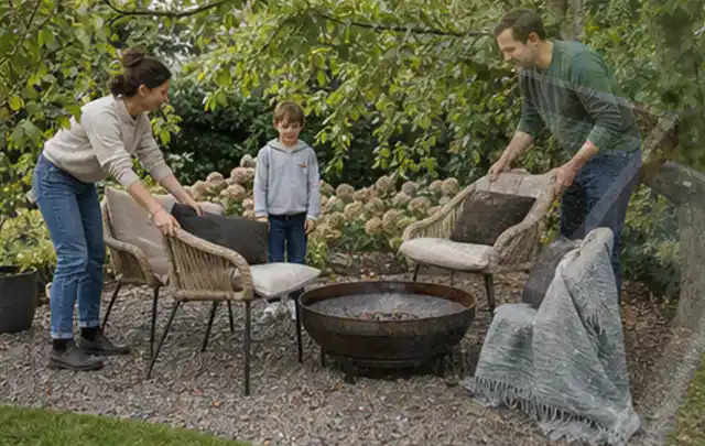 Familie stellt wetterfeste Sessel an einem geschützten Sitzplatz im Garten auf; Thema WPC Sichtschutz, Schwerpunkt Materialwahl; Kontrolle.