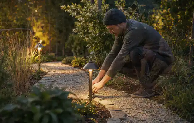 Person richtet eine niedrige warm leuchtende Gartenlampe am Kiesweg aus; Thema WPC Sichtschutz, Schwerpunkt Materialwahl; Ergebnis.