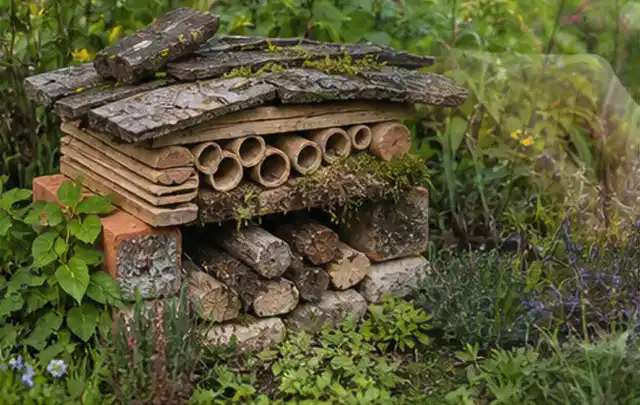 Naturnaher Unterschlupf aus Holz Rinde und Pflanzenstängeln im Garten; Thema WPC Sichtschutz, Schwerpunkt Nachhaltigkeit; Ausgangslage.