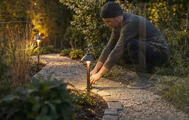 Person richtet eine niedrige warm leuchtende Gartenlampe am Kiesweg aus; Thema WPC Sichtschutz, Schwerpunkt Nachhaltigkeit; Kontrolle.