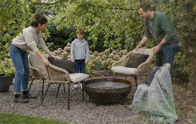 Familie stellt wetterfeste Sessel an einem geschützten Sitzplatz im Garten auf; Thema WPC Sichtschutz, Schwerpunkt Nachhaltigkeit; Praxisalltag.