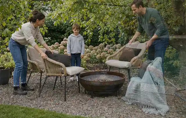 Familie stellt wetterfeste Sessel an einem geschützten Sitzplatz im Garten auf; Thema WPC Sichtschutz, Schwerpunkt Pflege; Ausgangslage.