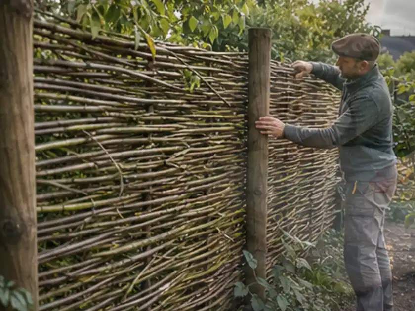 Person befestigt geflochtene Weidenruten an stabilen Holzpfosten im Garten; Thema WPC Sichtschutz, Schwerpunkt Planung; Titelbild.