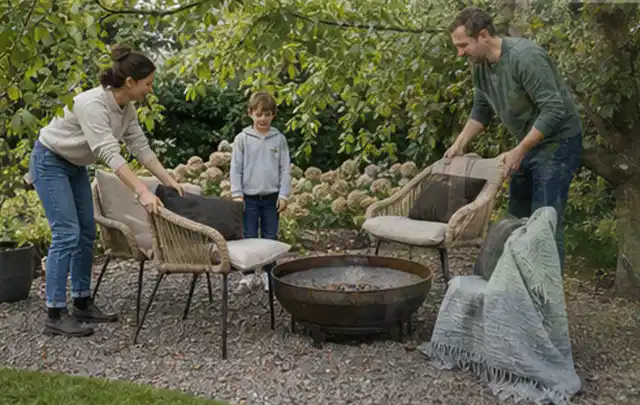 Familie stellt wetterfeste Sessel an einem geschützten Sitzplatz im Garten auf; Thema WPC Sichtschutz, Schwerpunkt Standort; Ergebnis.