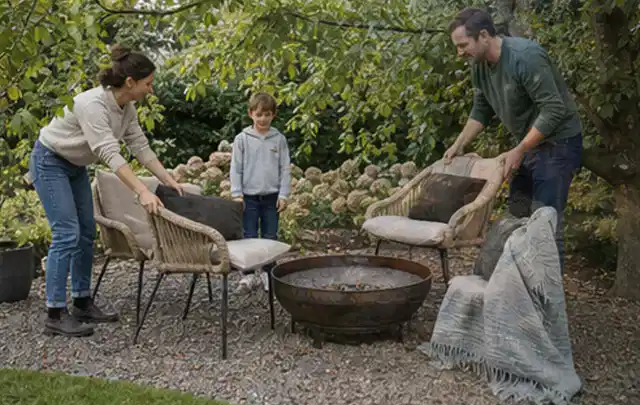 Familie stellt wetterfeste Sessel an einem geschützten Sitzplatz im Garten auf; Thema WPC Sichtschutz, Schwerpunkt Winterschutz; Ausgangslage.