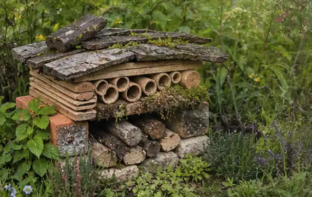 Naturnaher Unterschlupf aus Holz Rinde und Pflanzenstängeln im Garten; Thema WPC Sichtschutz, Schwerpunkt Winterschutz; Kontrolle.
