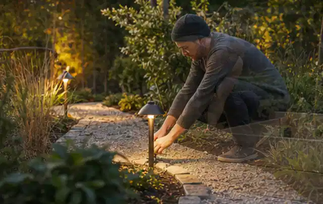 Person richtet eine niedrige warm leuchtende Gartenlampe am Kiesweg aus; Thema WPC Sichtschutz, Schwerpunkt Winterschutz; Praxisalltag.