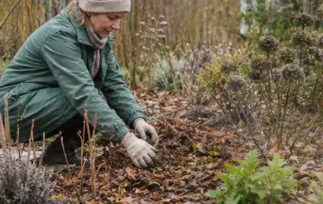 Person verteilt eine schützende Mulchschicht zwischen winterlichen Stauden; Thema Wühlmäuse, Schwerpunkt Bestimmung; Kontrolle.