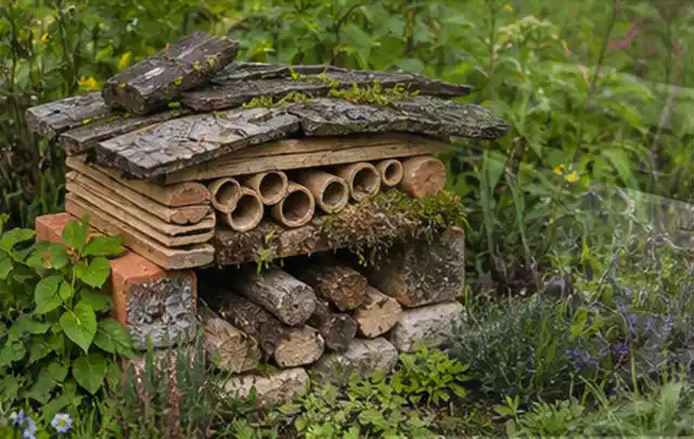 Naturnaher Unterschlupf aus Holz Rinde und Pflanzenstängeln im Garten; Thema Wühlmäuse, Schwerpunkt Bestimmung; Ergebnis.