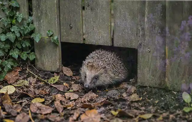 Igel nutzt einen bodennahen Durchgang unter einem hölzernen Gartenzaun; Thema Wühlmäuse, Schwerpunkt Biologie; Ausgangslage.