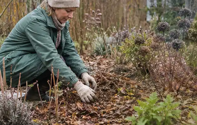Person verteilt eine schützende Mulchschicht zwischen winterlichen Stauden; Thema Wühlmäuse, Schwerpunkt Biologie; Umsetzung.