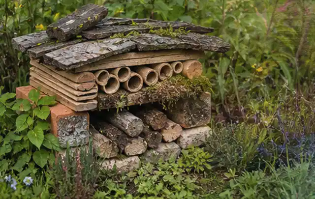 Naturnaher Unterschlupf aus Holz Rinde und Pflanzenstängeln im Garten; Thema Wühlmäuse, Schwerpunkt Biologie; Ergebnis.