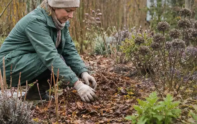 Person verteilt eine schützende Mulchschicht zwischen winterlichen Stauden; Thema Wühlmäuse, Schwerpunkt Fehlerhilfe; Ergebnis.