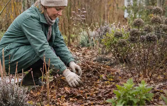 Person verteilt eine schützende Mulchschicht zwischen winterlichen Stauden; Thema Wühlmäuse, Schwerpunkt Giftfreie Hilfe; Umsetzung.
