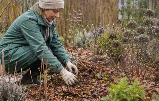 Person verteilt eine schützende Mulchschicht zwischen winterlichen Stauden; Thema Wühlmäuse, Schwerpunkt Hausmittel; Kontrolle.