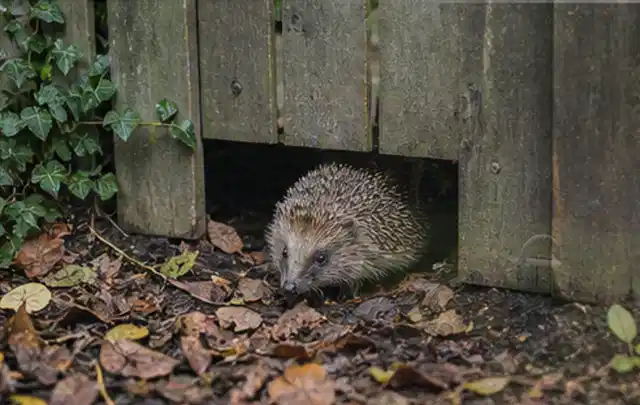 Igel nutzt einen bodennahen Durchgang unter einem hölzernen Gartenzaun; Thema Wühlmäuse, Schwerpunkt Hausmittel; Praxisalltag.