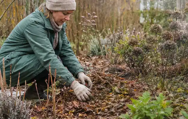 Person verteilt eine schützende Mulchschicht zwischen winterlichen Stauden; Thema Wühlmäuse, Schwerpunkt Natürliche Bekämpfung; Ausgangslage.
