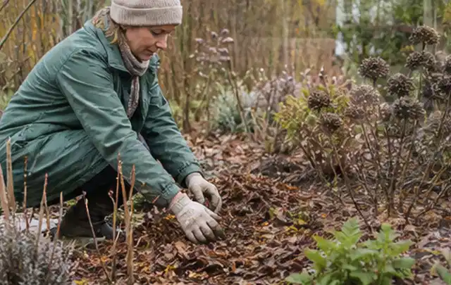 Person verteilt eine schützende Mulchschicht zwischen winterlichen Stauden; Thema Wühlmäuse, Schwerpunkt Pflanzenhilfe; Kontrolle.