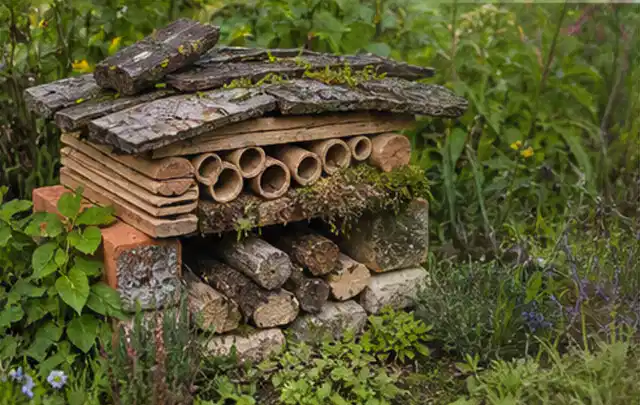 Naturnaher Unterschlupf aus Holz Rinde und Pflanzenstängeln im Garten; Thema Wühlmäuse, Schwerpunkt Pflanzenhilfe; Praxisalltag.