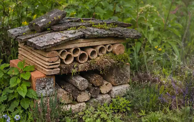 Naturnaher Unterschlupf aus Holz Rinde und Pflanzenstängeln im Garten; Thema Wühlmäuse, Schwerpunkt Rasenhilfe; Umsetzung.