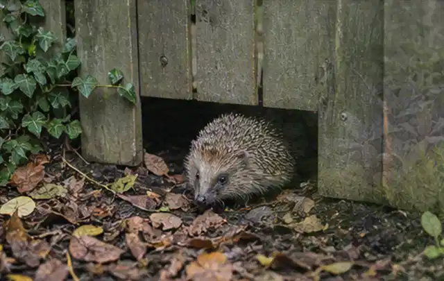 Igel nutzt einen bodennahen Durchgang unter einem hölzernen Gartenzaun; Thema Wühlmäuse, Schwerpunkt Rasenhilfe; Kontrolle.